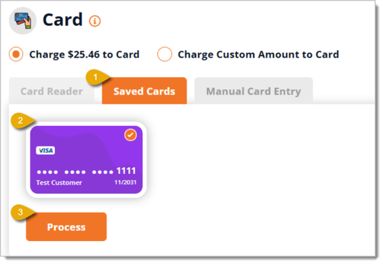 Image of the Saved Cards tab for processing a card payment in the New Sale screen.