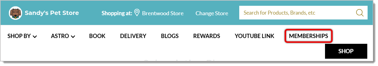 Image highlighting an example Memberships navigation banner on an example eTailPet e-commerce website.