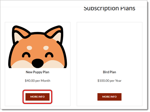 Image highlighting the More Info button in a Subscription Plans page on an example eTailPet e-commerce website.