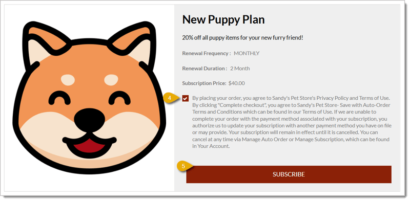 Image highlighting functions for subscribing to a subscription plan on a eTailPet e-commerce website.