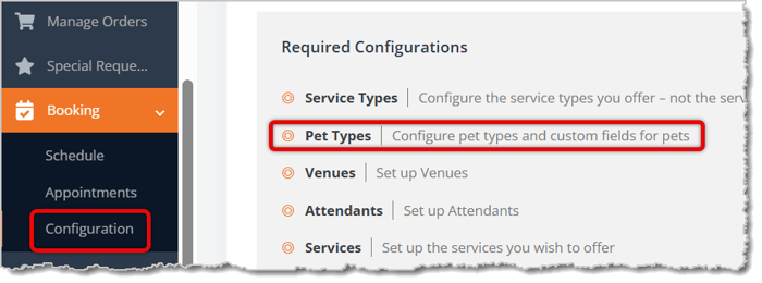 Image highlighting the major functions to click on to access the Pet Types page.