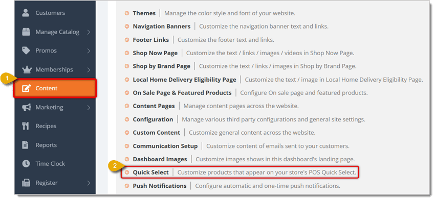 Image highlighting the Content selection in the main menu and Quick Select in the Content area.