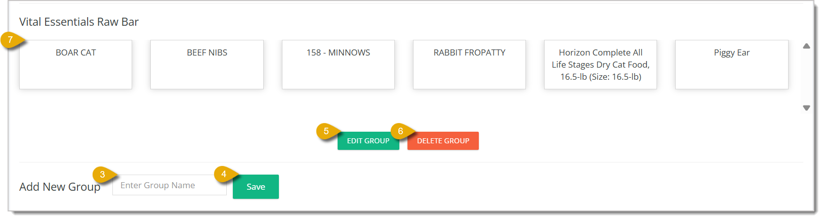 Image of the Quick Select customization menu with numbers highlighting the different functions of the page.