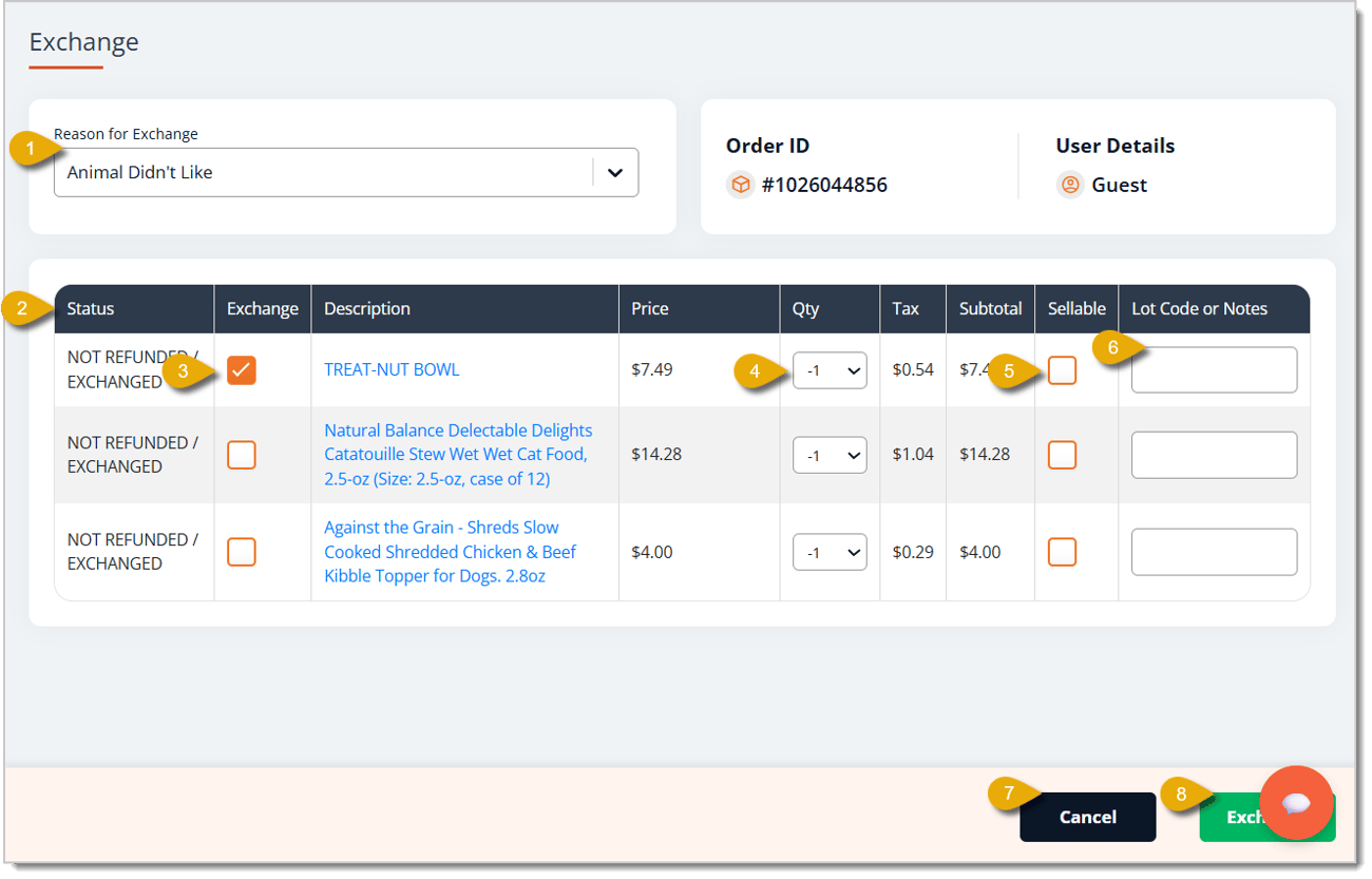 Image of the Exchange window. Numbers in the image indicate steps and functions of the page.