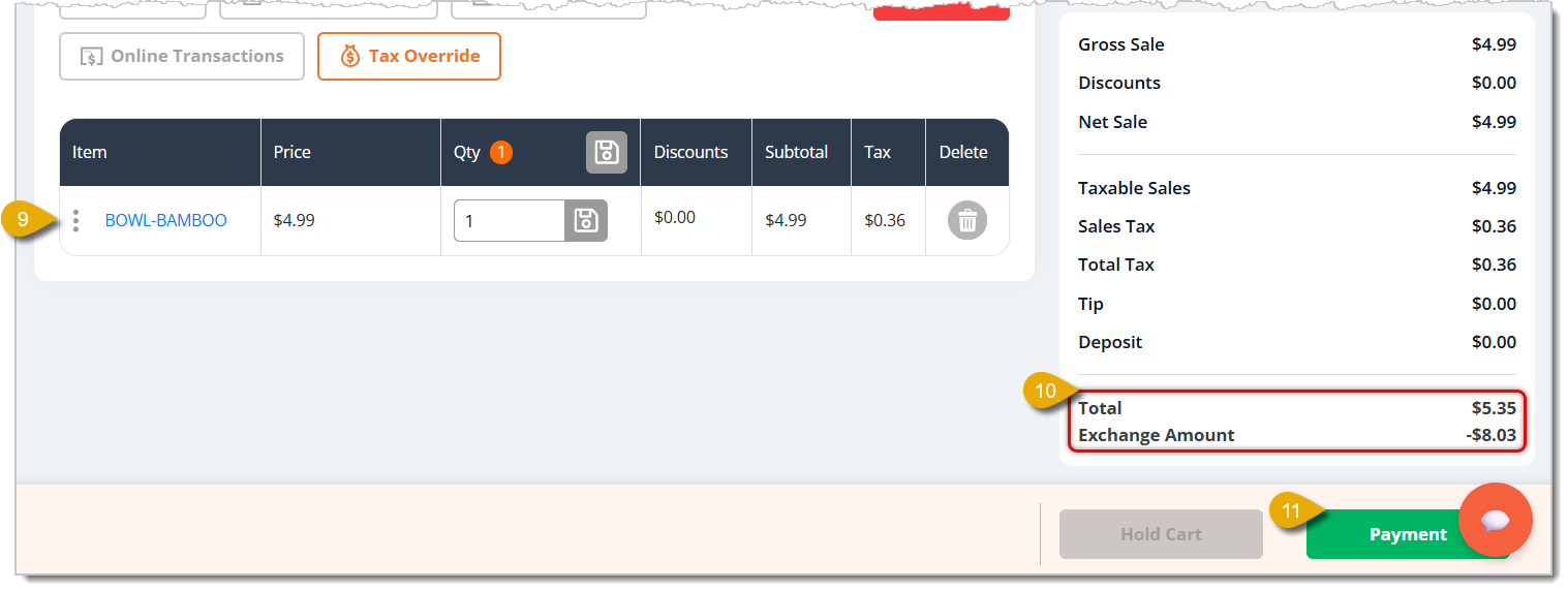 Image showing how to process an exchange in the eTailPet New Sale page.