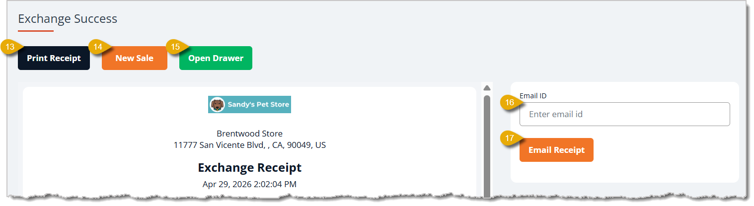 Image of the Exchange Success page. Numbers in this image indicate different functions.