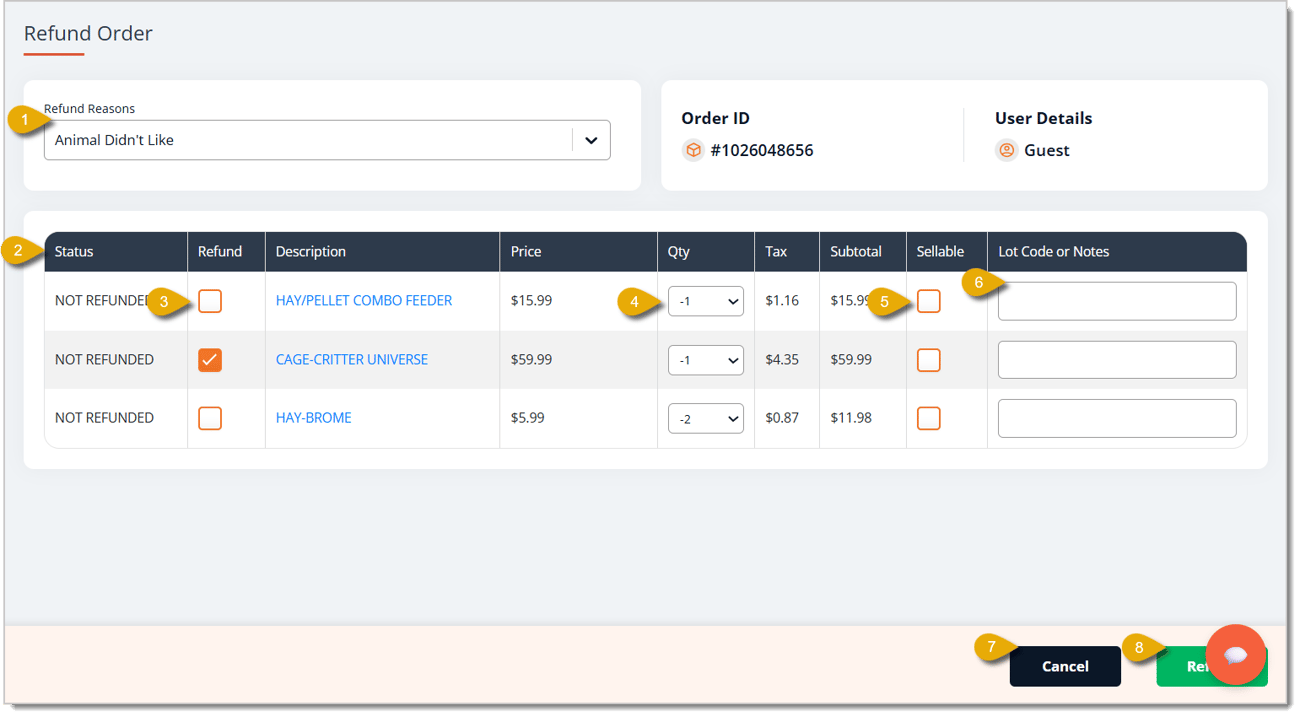 Image of the Refund Order area. Numbers in this image indicate steps and functions of the page.