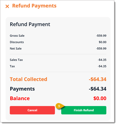 Image highlighting the Finish Refund button in the Refund Payment window.