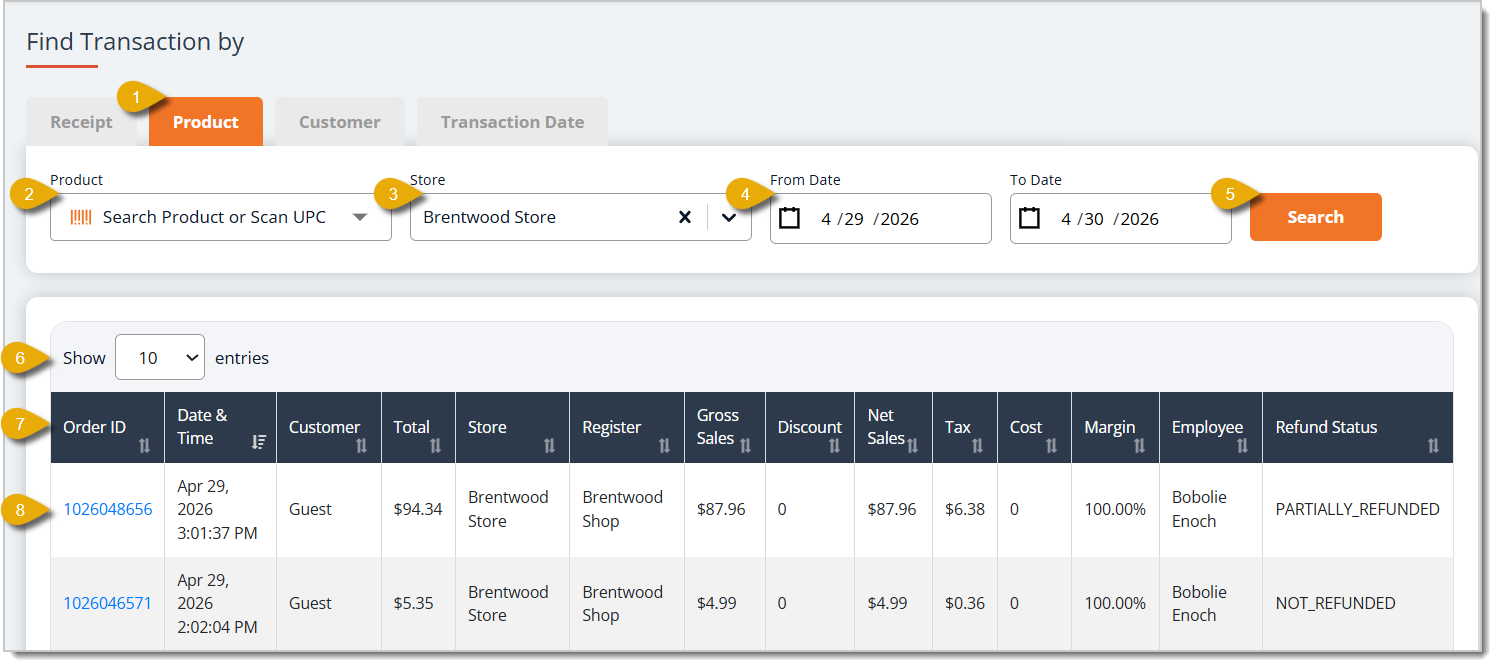 Image of the Product Tab menu. Numbers in the image indicate steps and functions of the menu.