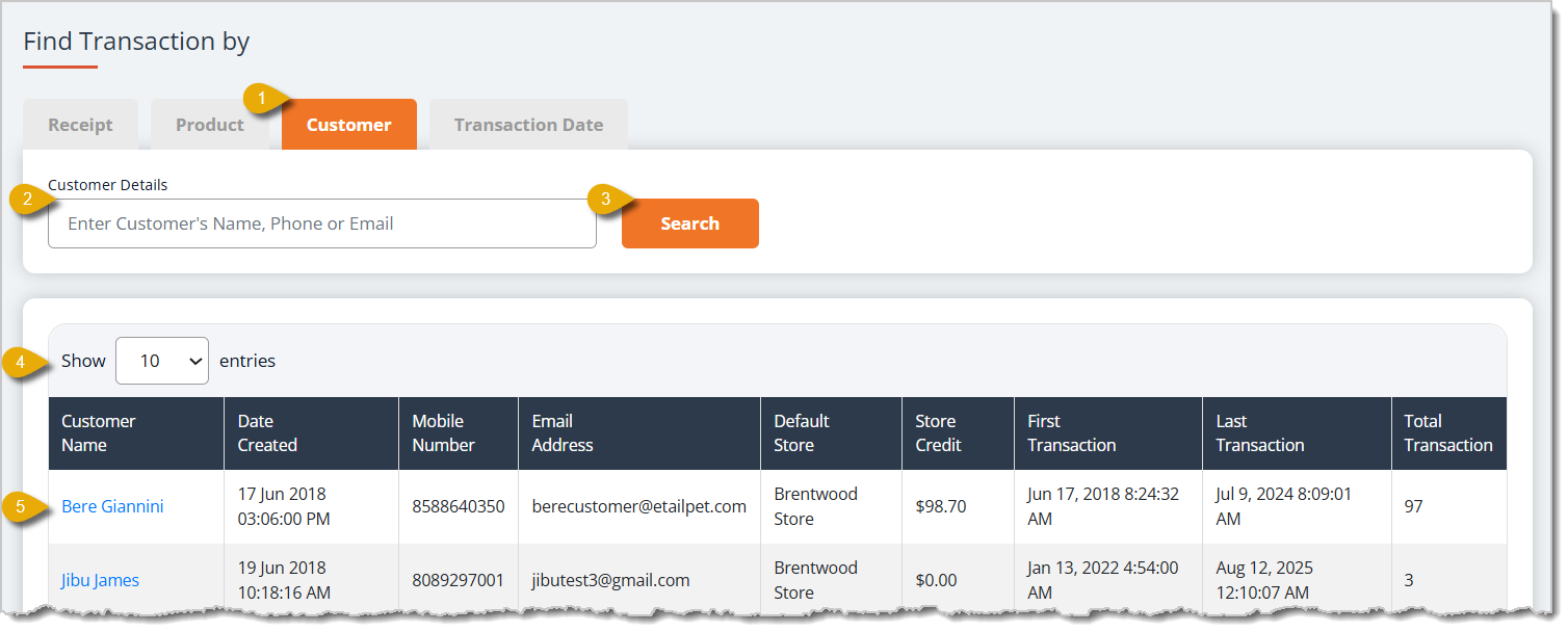 Image of the Customer tab menu in the Refunds area of the eTailPet Dashboard.