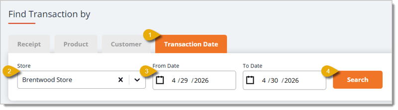 Image of the Transaction Date tab in the Refunds area of the eTailPet Dashboard.