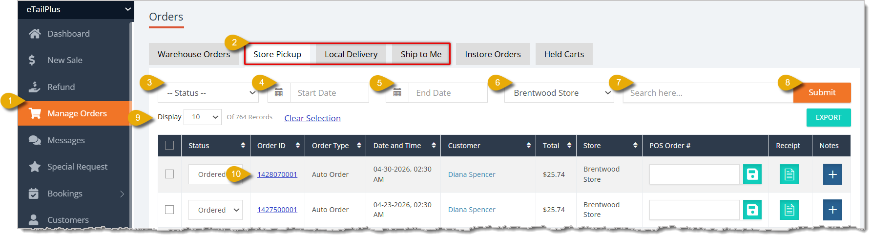 Image of the Manage Orders Area in the Instore Pickup tab. Numbers indicate steps and functions for finding transactions.