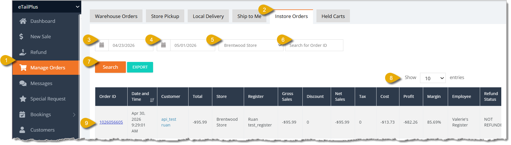 Image displaying steps to use the In-store Orders tab to find a transaction to refund.