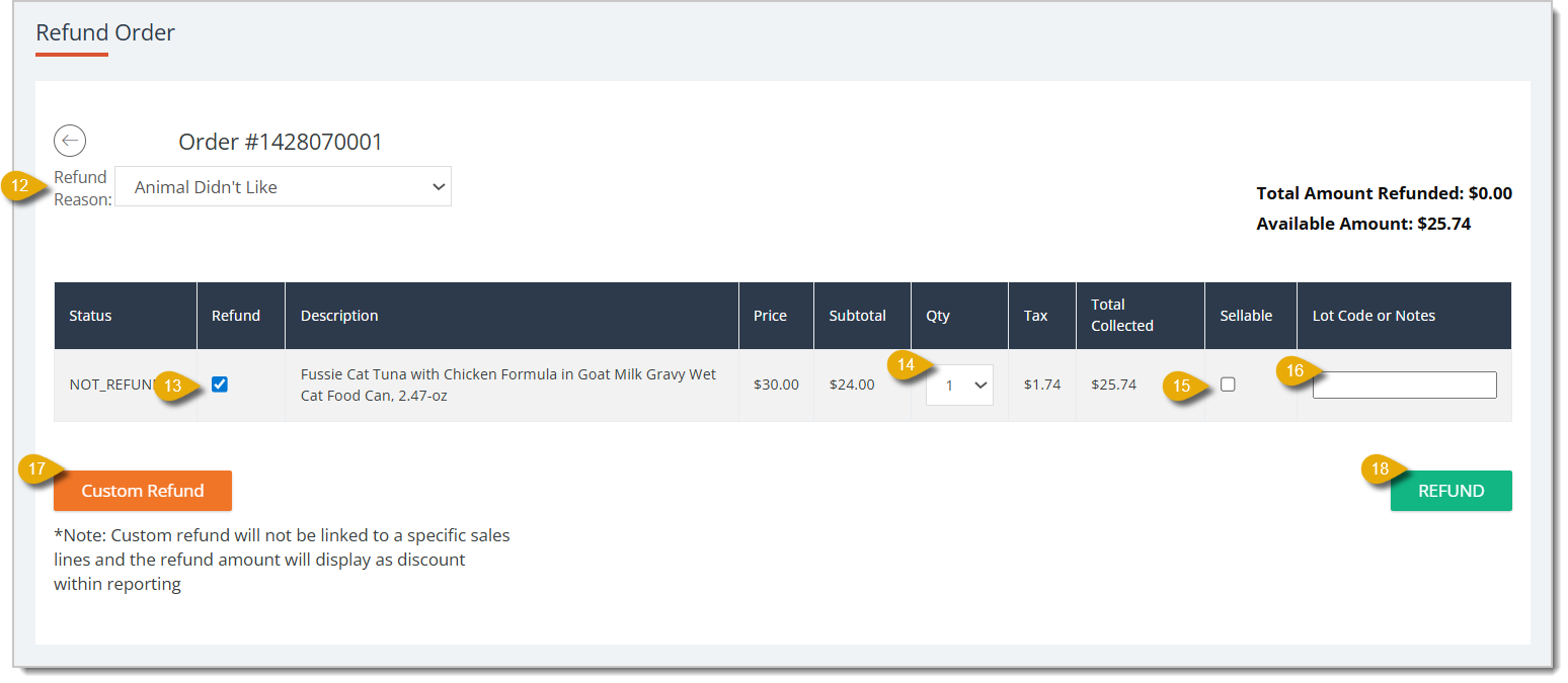 Image of the Refund Order page from the Manage Orders area of the eTailPet Dashboard.