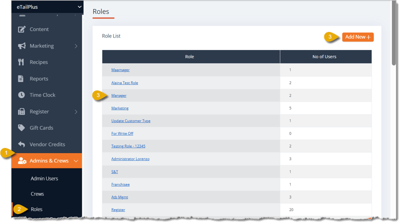 Image showing steps for accessing a Role in the eTailPet Dashboard.