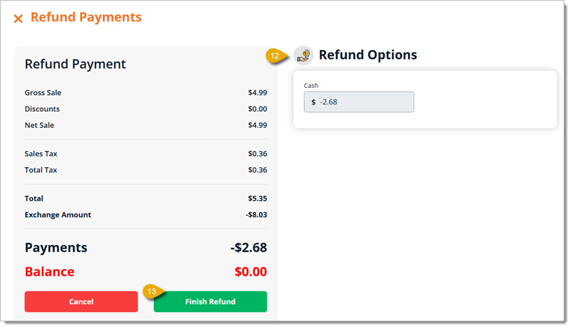 Image highlighting the Refund Options and Finish Payment button in the Refund Payments window.