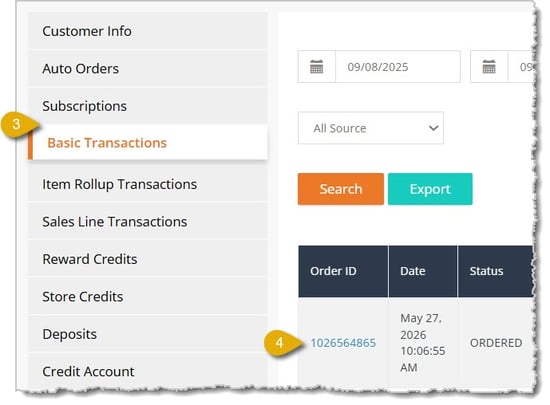 Image highlighting the Basic Transactions selection of the Customer Details page and an Order ID, which is clickable.