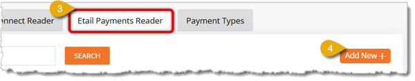 Image highlighting the Etail Payments Reader tab and the Add New button.