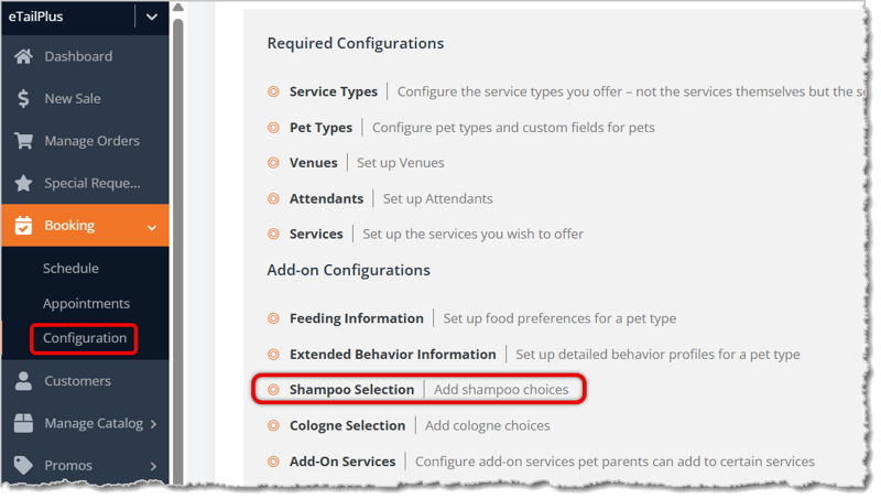Image showing the Shampoo Selections page with major functions highlighted in the eTailPet system.
