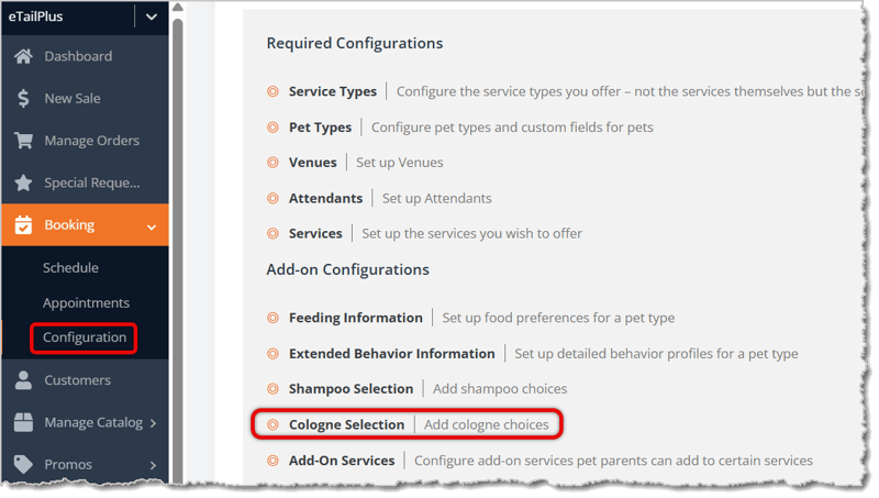 Image showing the Cologne Selections page with major functions highlighted in the eTailPet system.