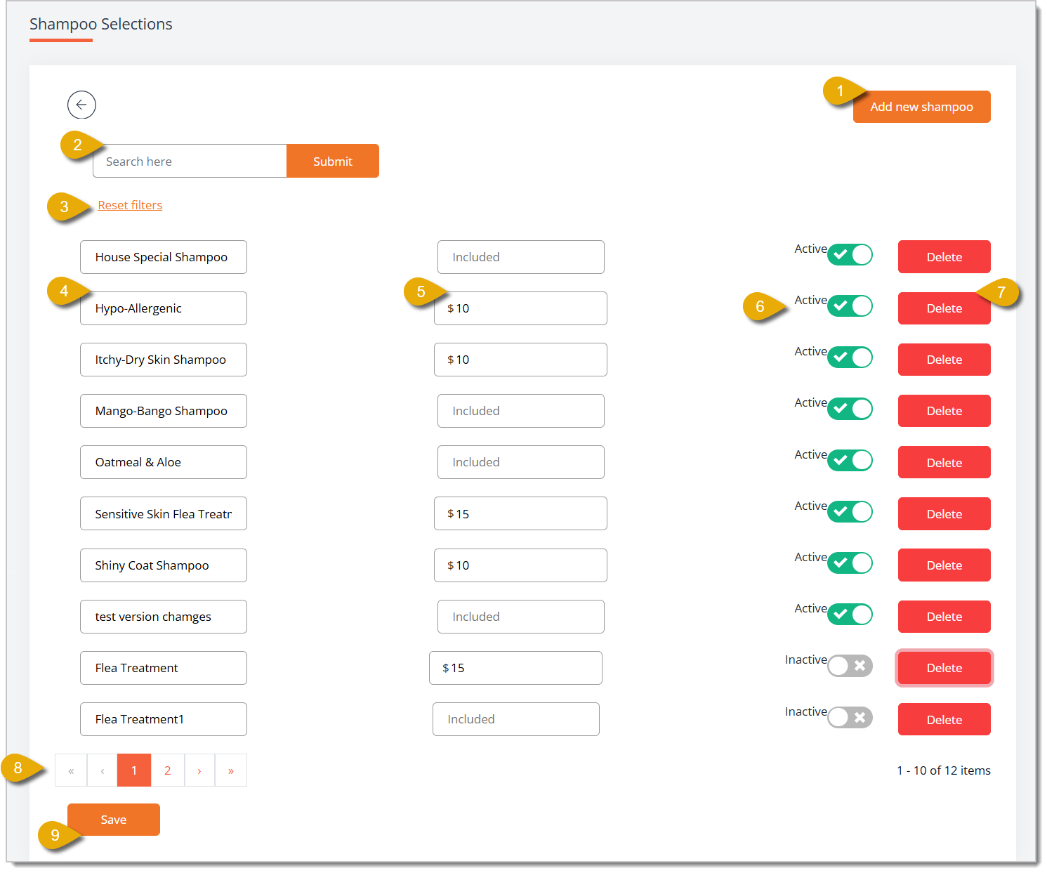 Image of the Shampoo Selections page with major functions highlighted.