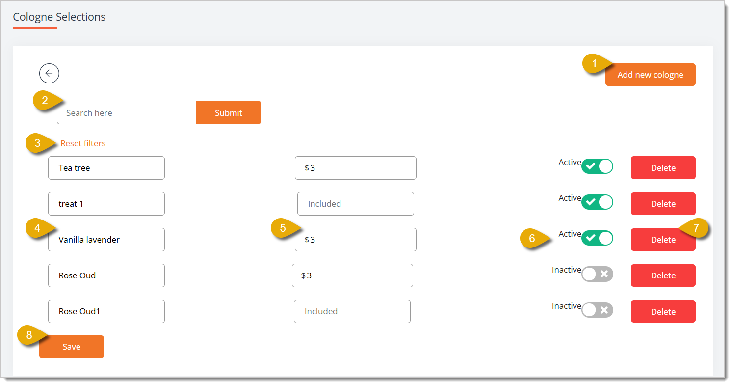 Image of the Cologne Selections page with major functions highlighted.