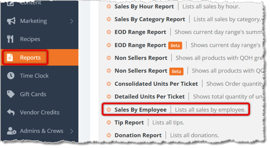 Image highlighting the Reports selection in the main menu and the Sales by Employee selection in the Reports menu.