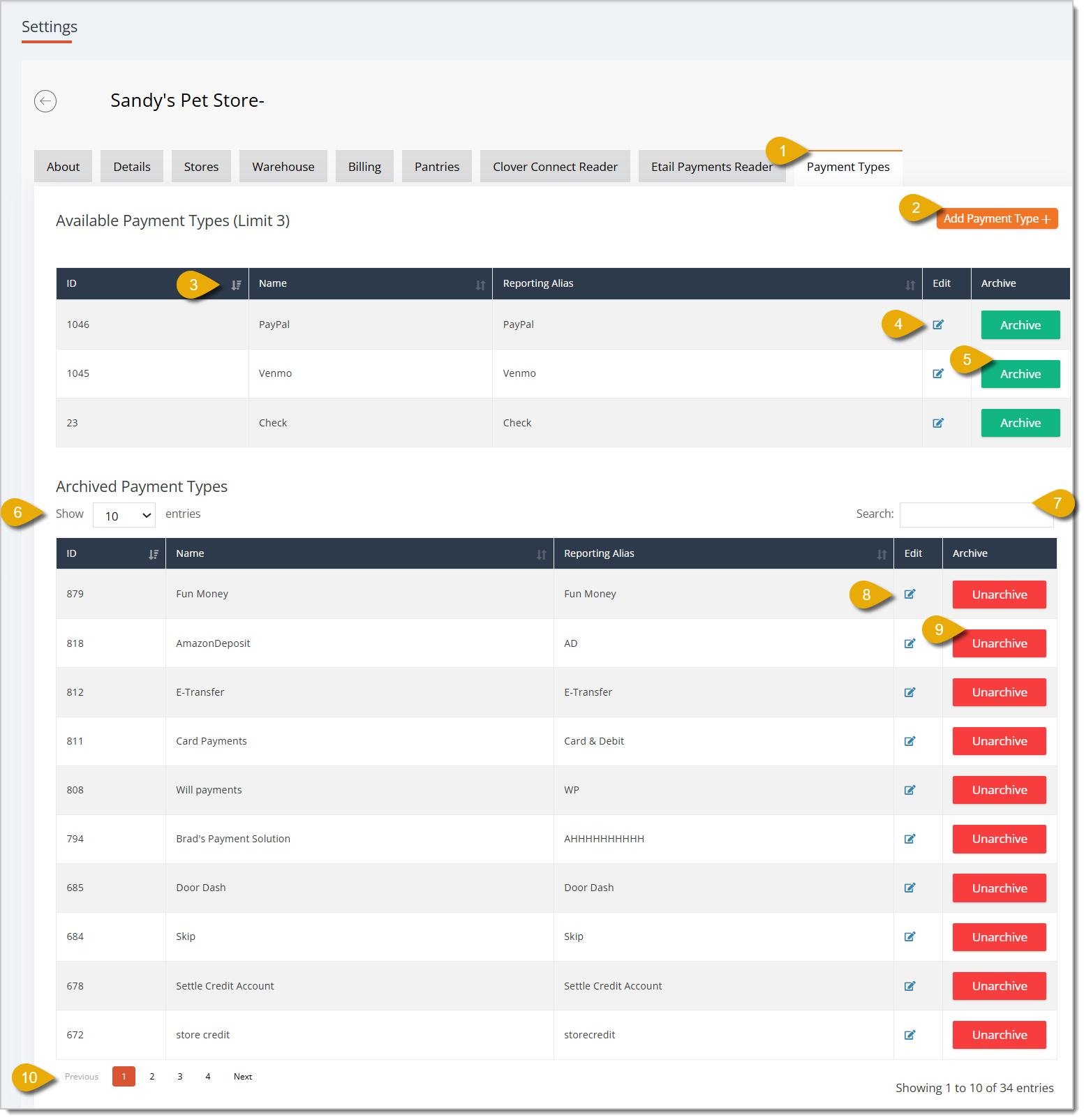 Image of the Payment Types tab opened, with major functions highlighted.