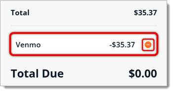 Image highlighting the Venmo payment in the total due part of New Sale and the minus button.