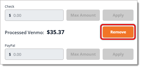 Image showing "Processed Venmo: $35.37" and highlighting the Remove button next to it.