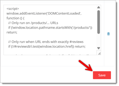 Image with an arrow pointing at the Save button in the Custom HTML Code page.