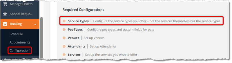 Image highlighting the functions to click on to access the Service Types page.