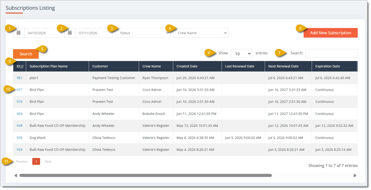Image of a Subscriptions Listing page.