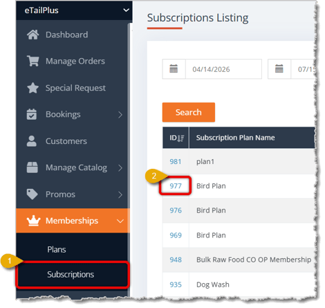 Image highlighting the Subscriptions selection in the main menu and a clickable Subscription ID.