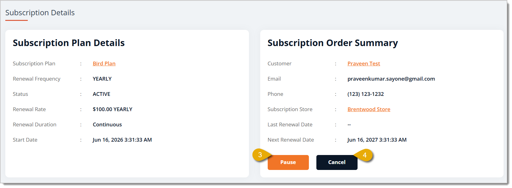 Image highlighting the Pause and Cancel buttons in someone's subscription details.