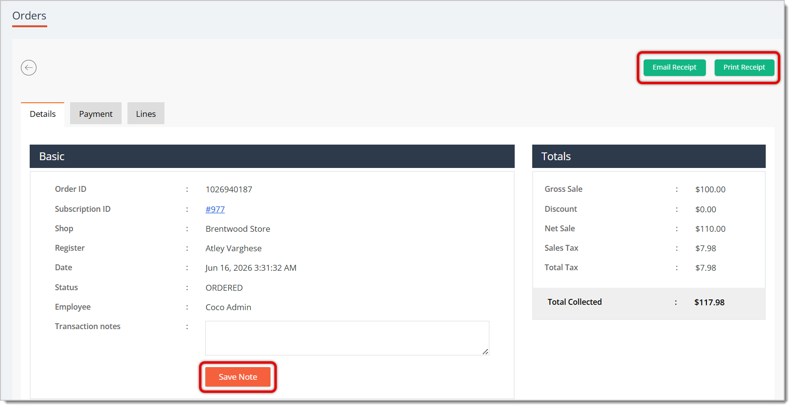 Image highlighting the Email Receipt, Print Receipt, and Save Note buttons.