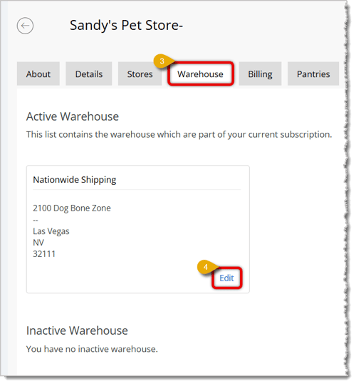 Image highlighting the selections to reach the Warehouse tab and the Edit button for warehouses.