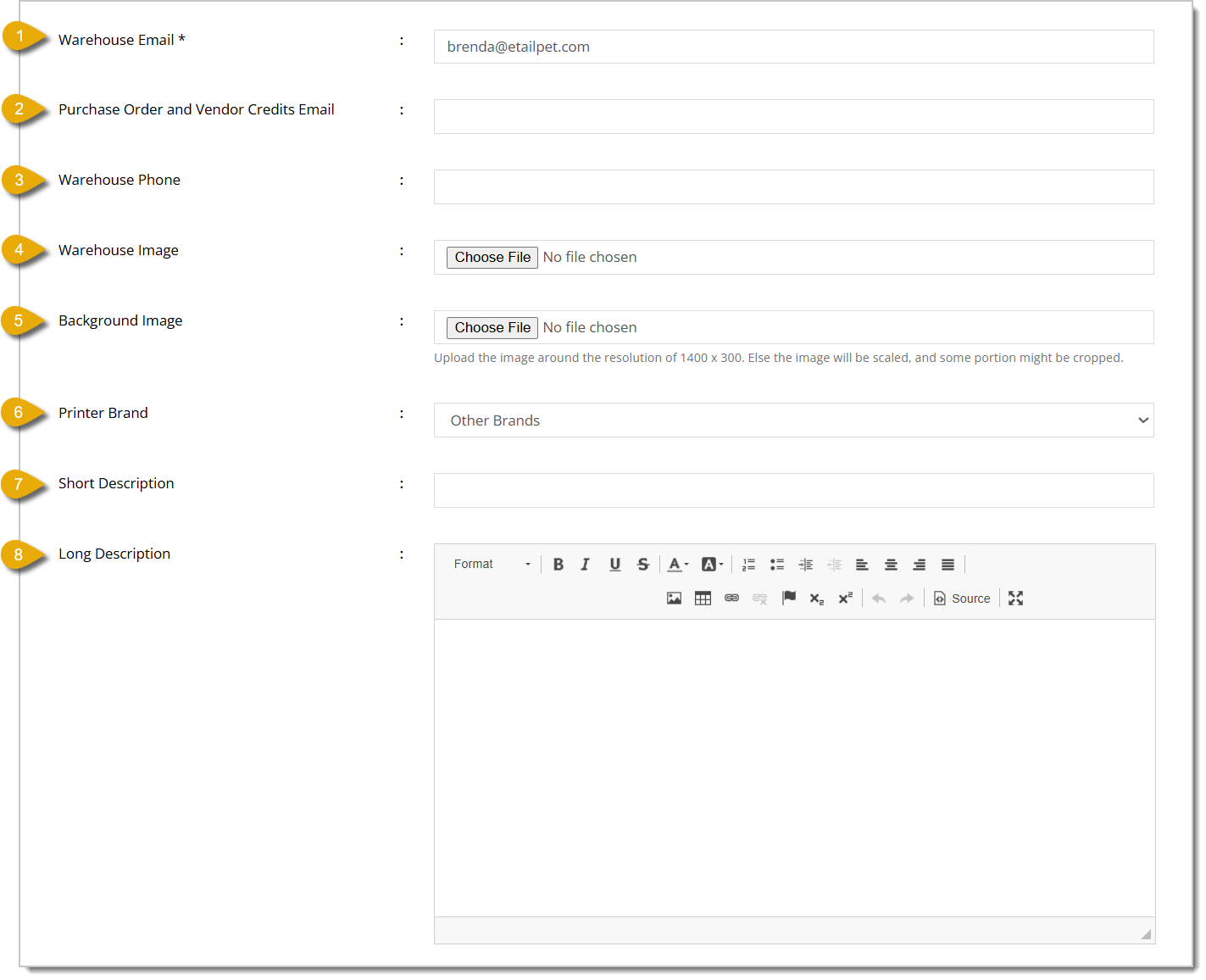 Image of the second part of the Edit Warehouse page, focusing on contact information and content.