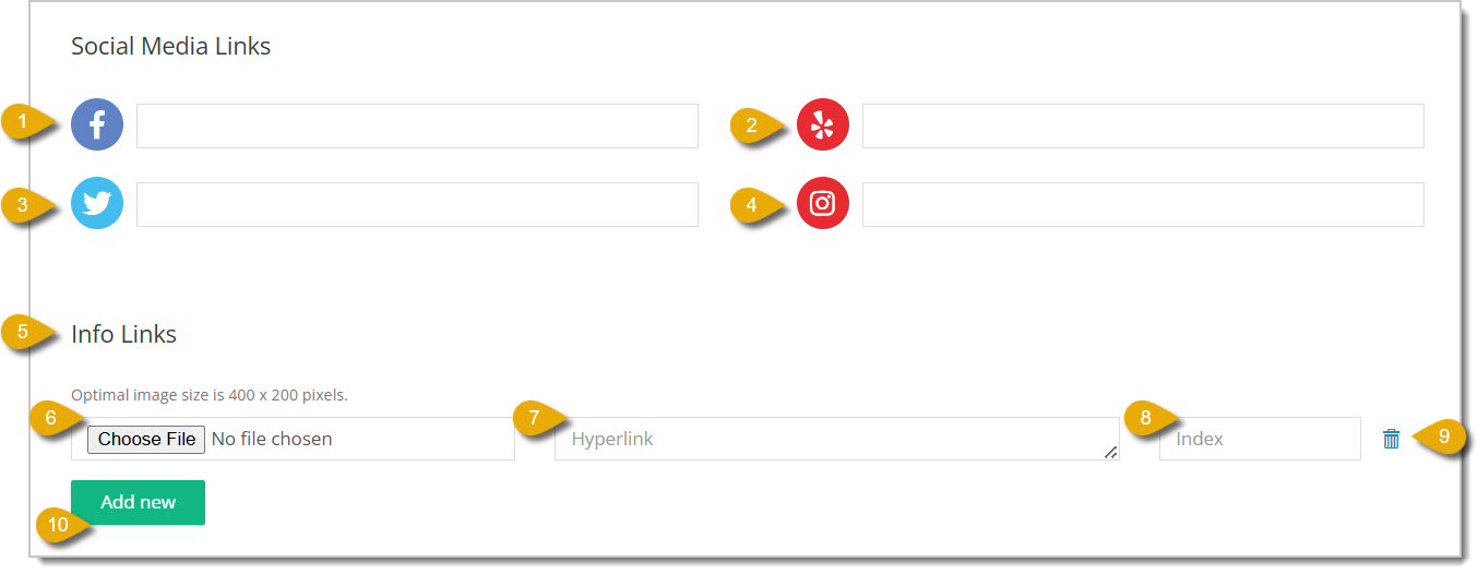 Image of the area where you can edit social media links and information links in the Edit Warehouse page.