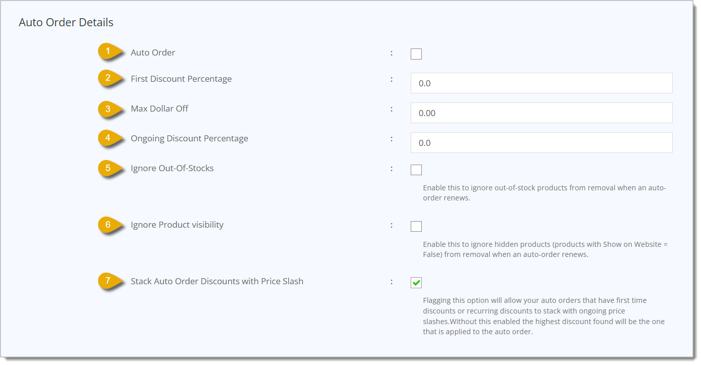 Image of the Auto Order Details section in the Edit Warehouse page.