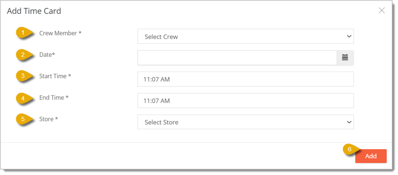 Image showing the Add Time Card window in the eTailPet system.