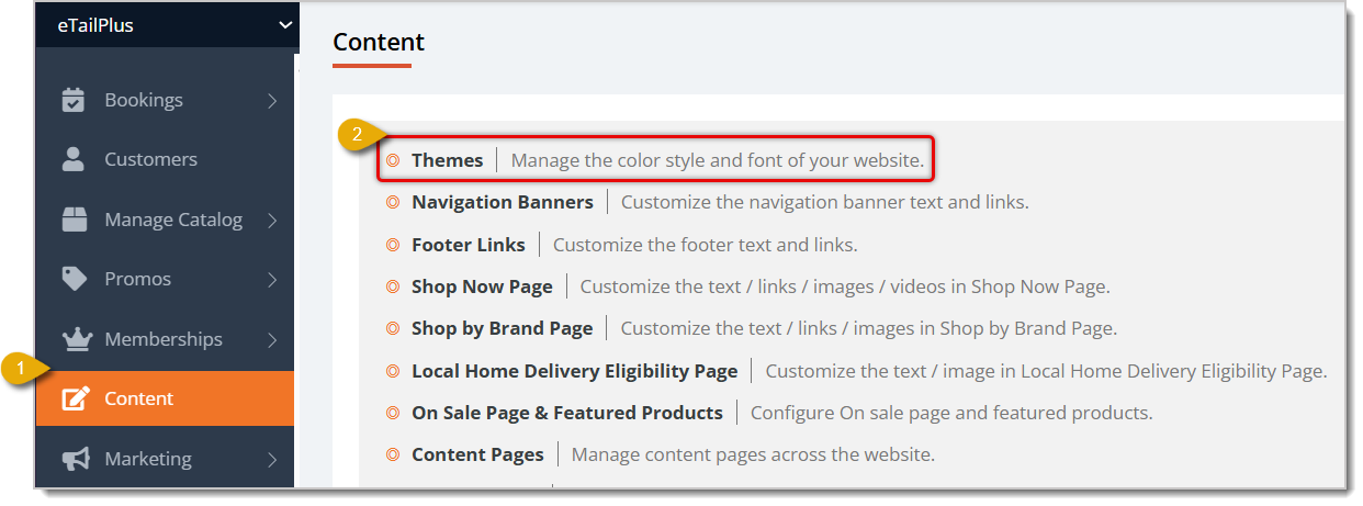 Image highlighting the Content selection in the main menu and the Themes selection in Content.