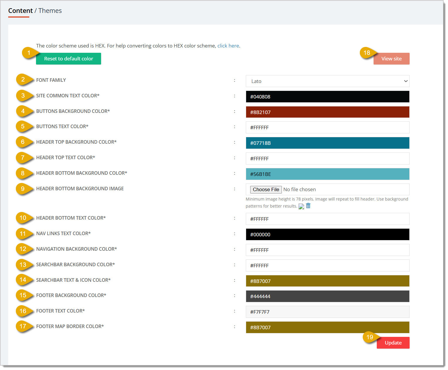Image of the Themes customization page. Numbers 1 to 19 highlight the fields and functions of the page.