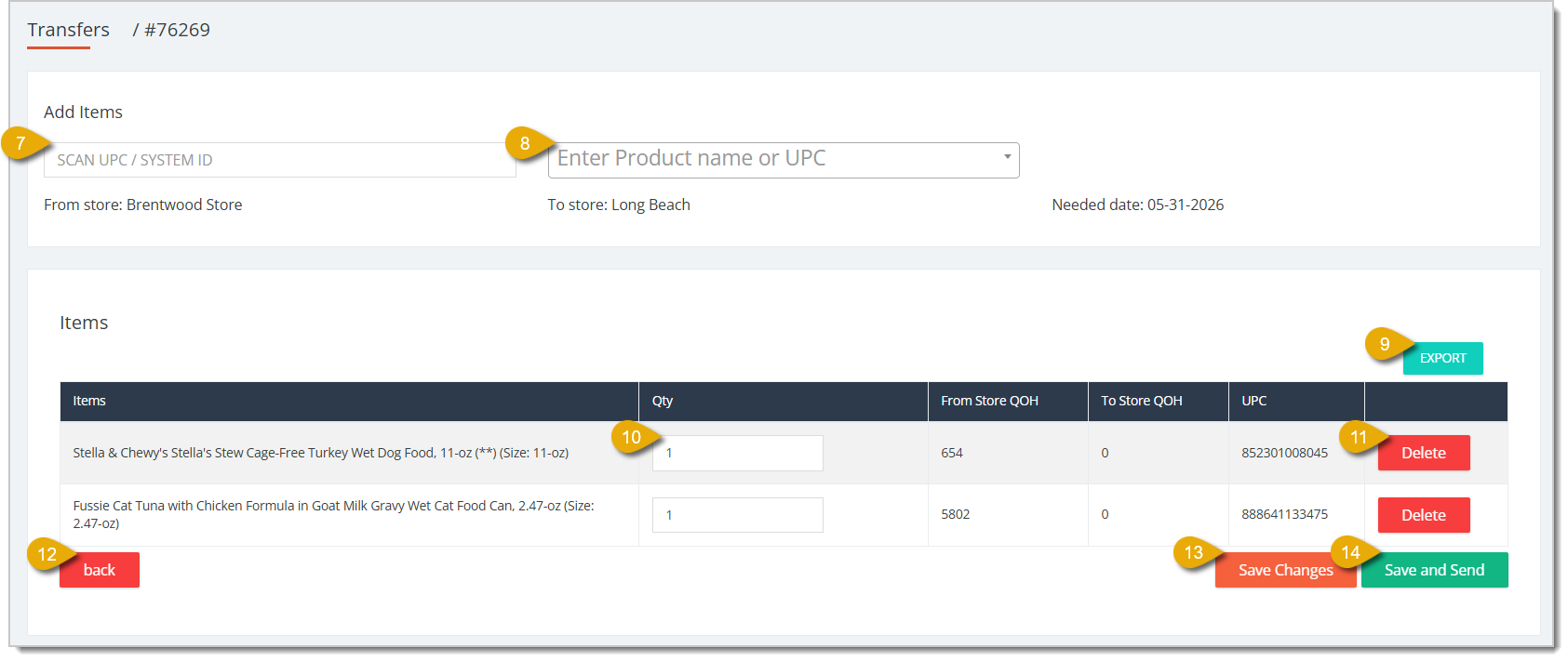 Image highlighting the steps to adding items to a Transfer.