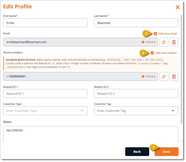 Image highlighting the Add New Email and Add New Number buttons. It also highlights the Save button.