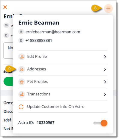 Image highlighting the Hamburger Stack icon and the Addresses selection.