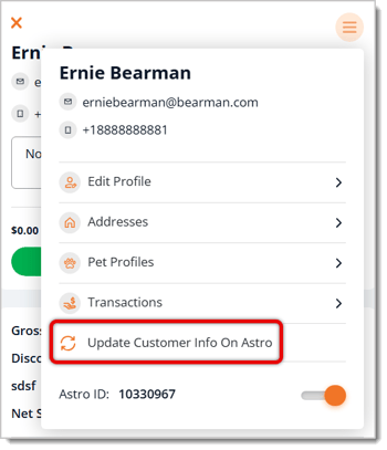 Image highlighting Update Customer Info on Astro.