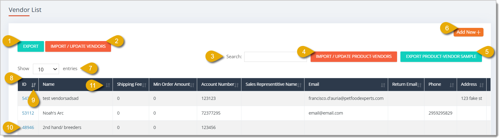 Image highlighting the actions you can take in the Product Vendors area of the eTailPet system.