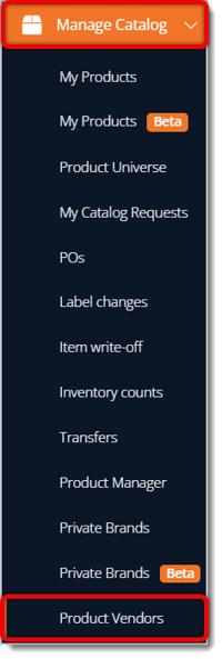 Image highlighting the Manage Catalog selection in the main menu and Product Vendors.
