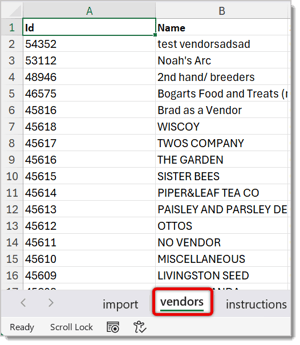 Image highlighting the Vendors tab in the Vendors sample file in Microsoft Excel.